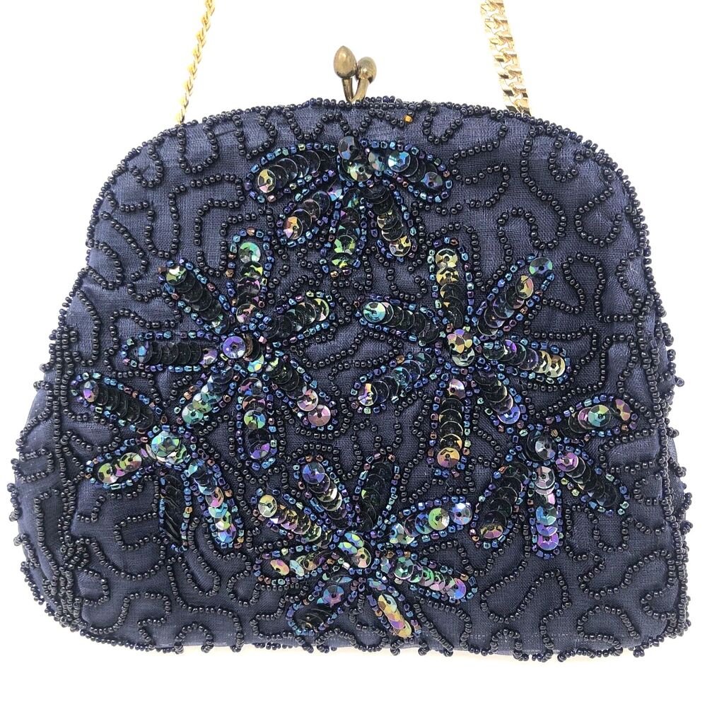 VTG Micro Beaded Black Evening Bag Sequin Floral Kislock Gold Chain Made Belgium